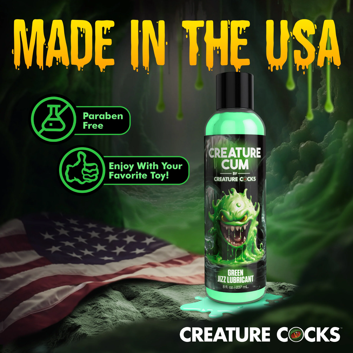 Banner titled "Made in the USA" displaying the 8 fl oz bottle of green jizz lubricant next to an American flag, with feature badges for "Paraben Free" and "Enjoy With Your Favorite Toy!"