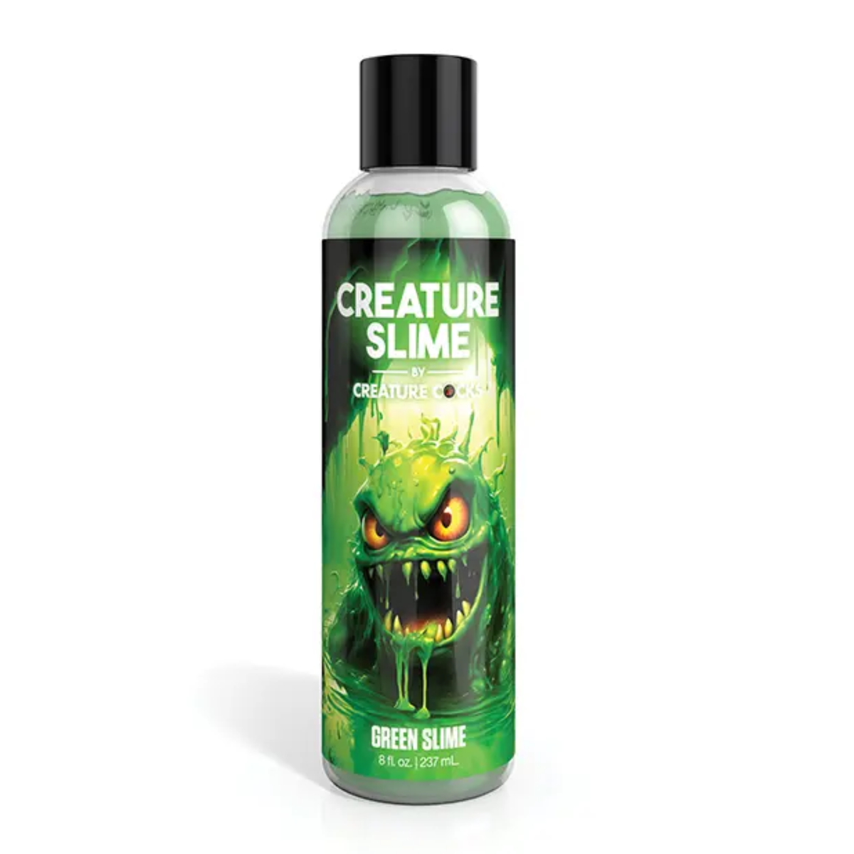 Front studio view of the 8 fl oz (237 ml) clear squeeze bottle of Creature Slime Green Slime Water-Based Lubricant, featuring a green swamp monster illustration and a black cap. Imagen principal del producto