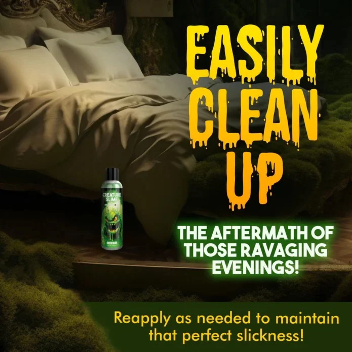 Promotional lifestyle graphic titled "Easily Clean Up" featuring the 8 fl oz bottle in a dimly lit bedroom setting alongside text reading "The aftermath of those ravaging evenings!"