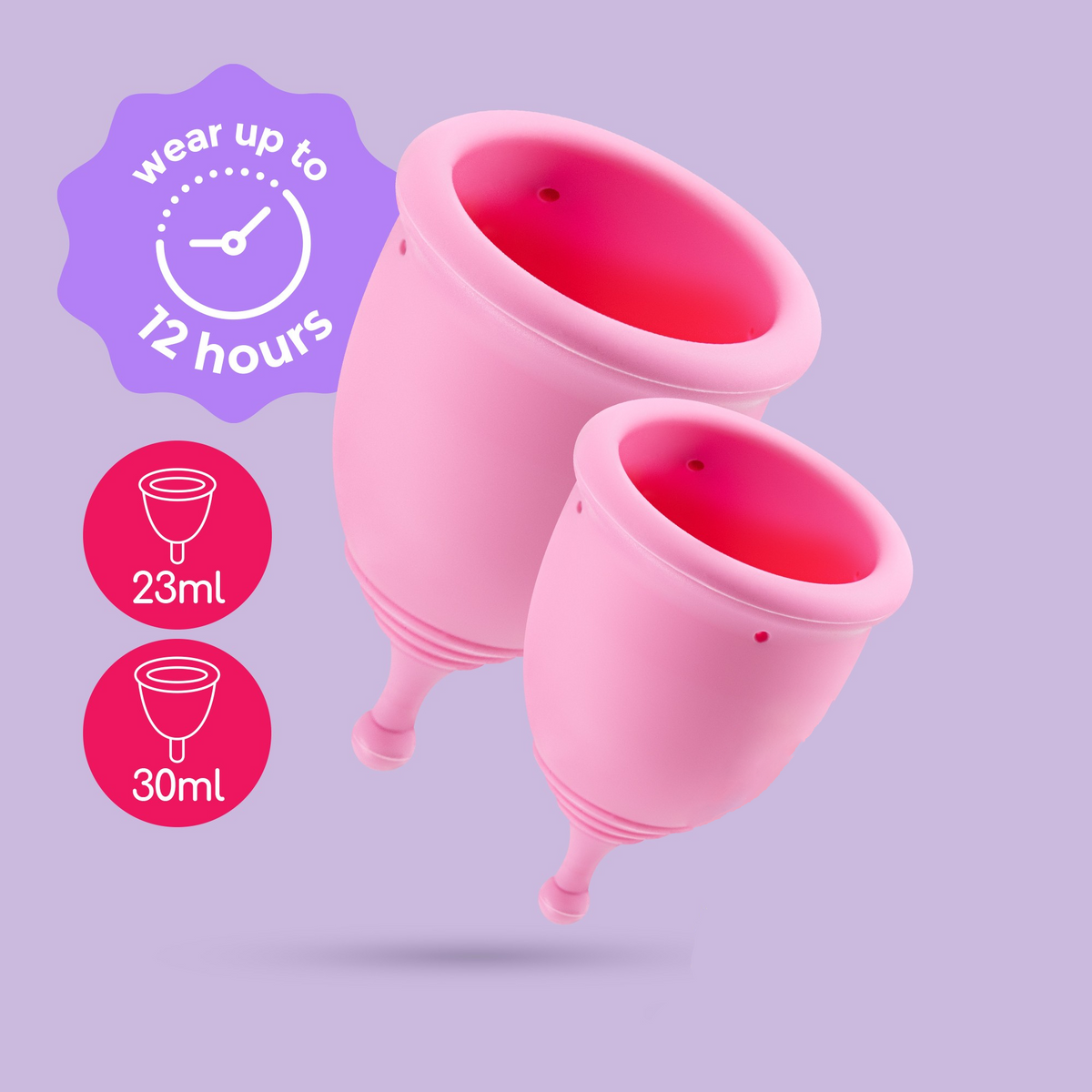 Two pink Crushious Minerva Reusable Menstrual Cups(23ml and 30ml) with text "wear up to 12 hours."