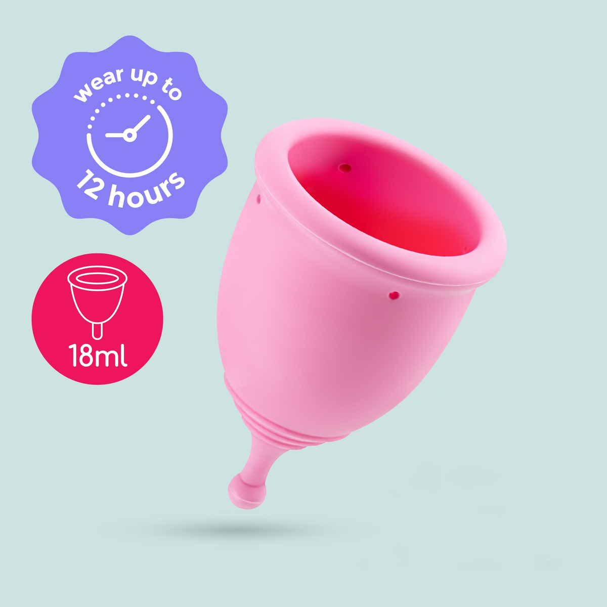 Crushious Minerva XS Menstrual Cup in pink, showing key features: 12 hours wear and 18ml capacity graphics. Imagen principal del producto