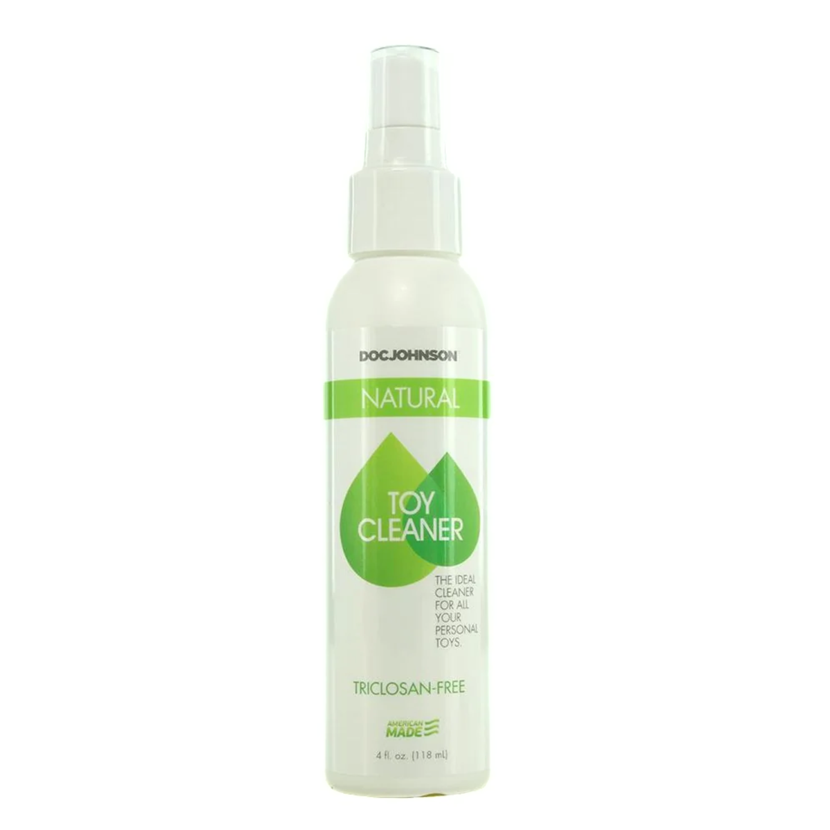 Front studio shot of the 4 fl oz (118 ml) white spray bottle of Doc Johnson Natural Toy Cleaner with a green leaf design emblem and clear spray nozzle. Imagen principal del producto