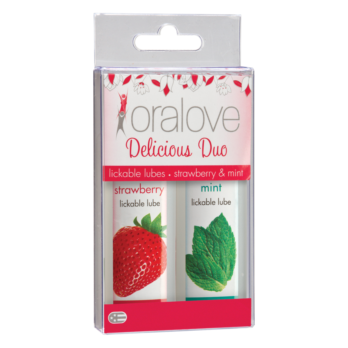 Front packaging view of the Doc Johnson Oralove Delicious Duo set, featuring a clear hanging display box housing both the Strawberry and Mint lickable lube bottles. Imagen principal del producto