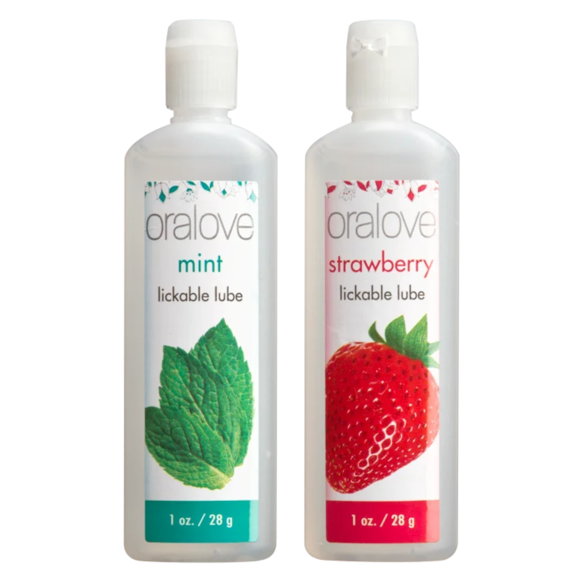 Isolated product view of two 1 oz (28 g) squeeze bottles standing side-by-side: one Mint lickable lube with green leaf artwork and one Strawberry lickable lube with fresh strawberry artwork.