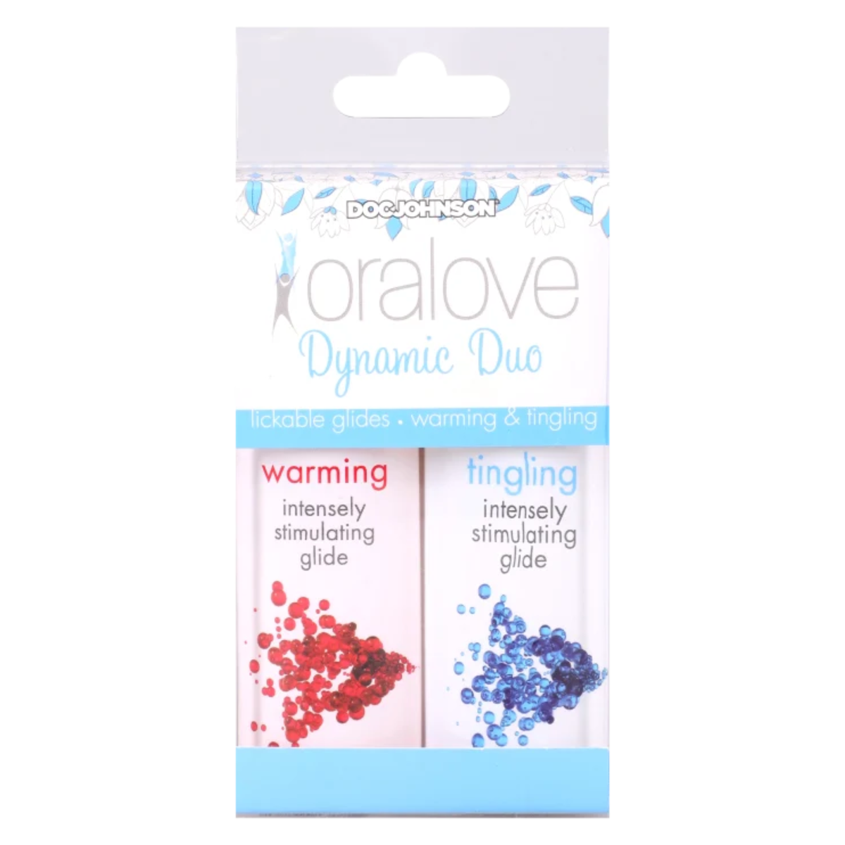 Front packaging view of the Doc Johnson Oralove Dynamic Duo set, showing the clear hanging display box showcasing both the Warming (red accent) and Tingling (blue accent) 1 oz bottles Imagen principal del producto