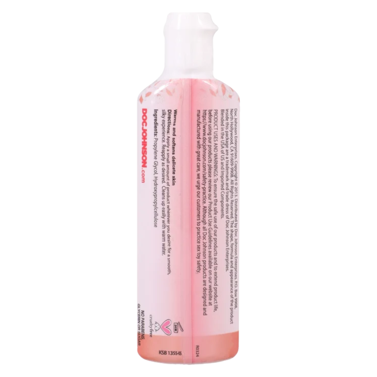 Back label view of the Warming lickable glide squeeze bottle detailing skin benefits ("Warms and softens delicate skin"), application directions, ingredients (Propylene Glycol, Hydroxypropylcellulose), and safety warnings.