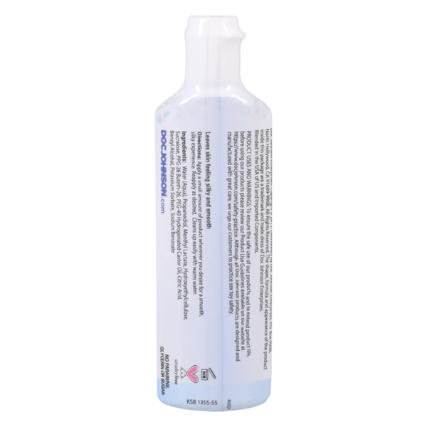 Back label view of the Tingling lickable glide squeeze bottle showing skin benefits ("Leaves skin feeling silky and smooth"), directions for use, ingredients list, and manufacturer details.