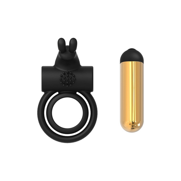 Black vibrating ring shown disassembled next to its separate gold-colored bullet motor.