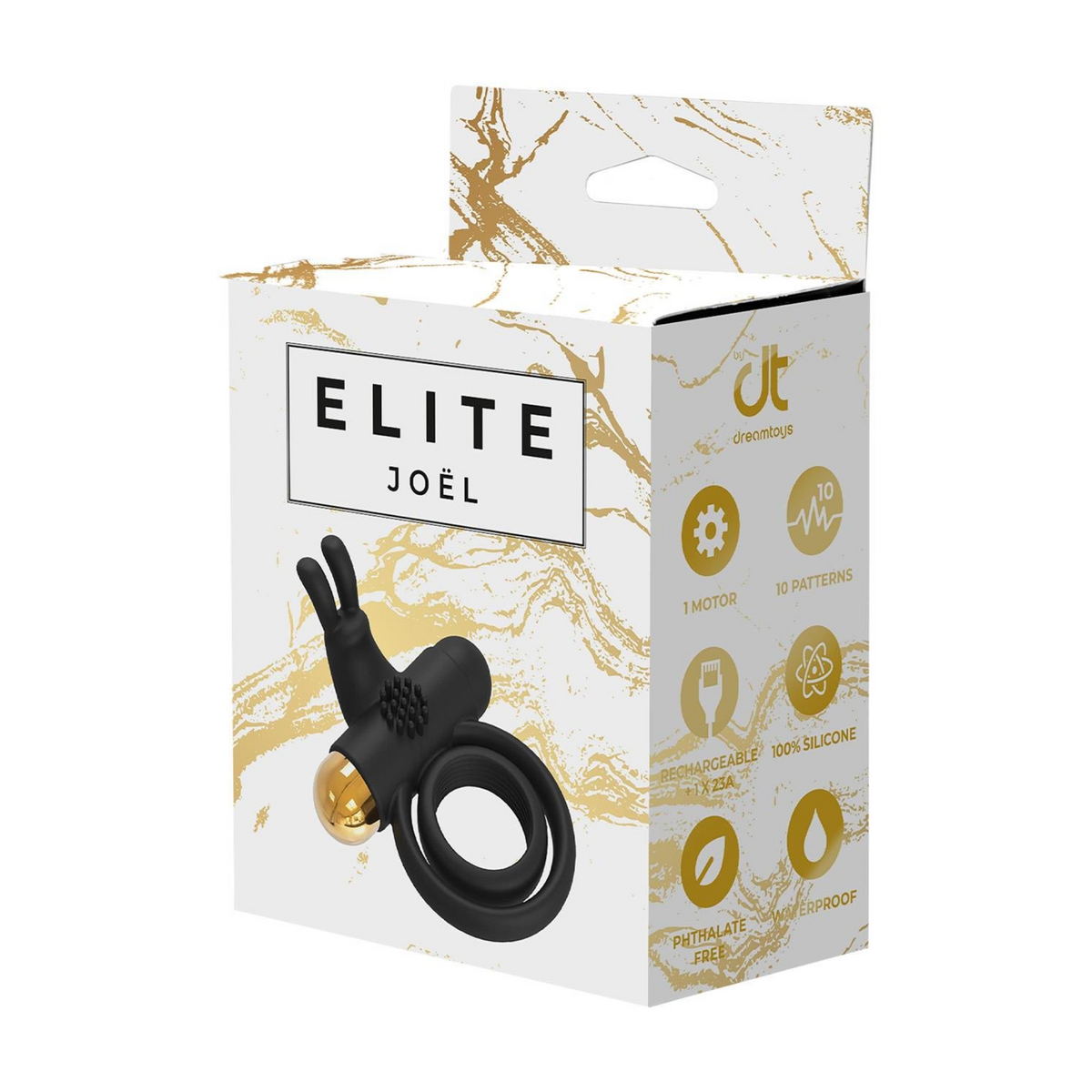 Product packaging for the Elite Joel vibrating ring, featuring a black and gold design and product specs. Imagen principal del producto