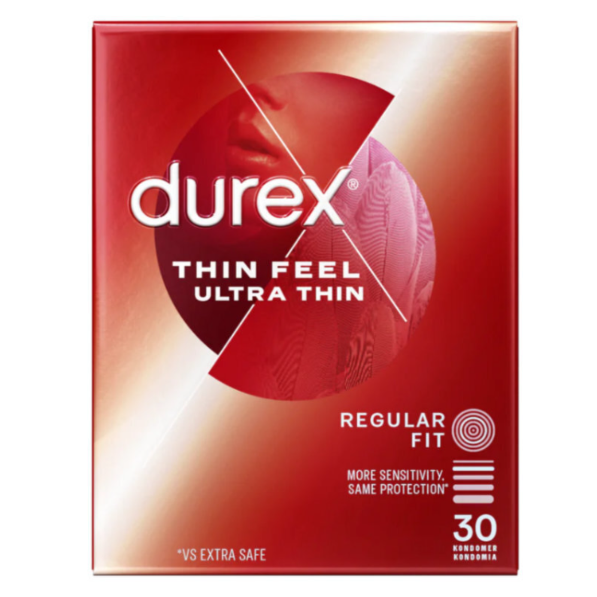 A straight-on view of the front of the Durex Thin Feel Ultra Thin box. The metallic red box features a circular graphic of a person’s face and textures. Key labels include "Regular Fit," a "30" count, and a footnote stating "*vs Extra Safe."