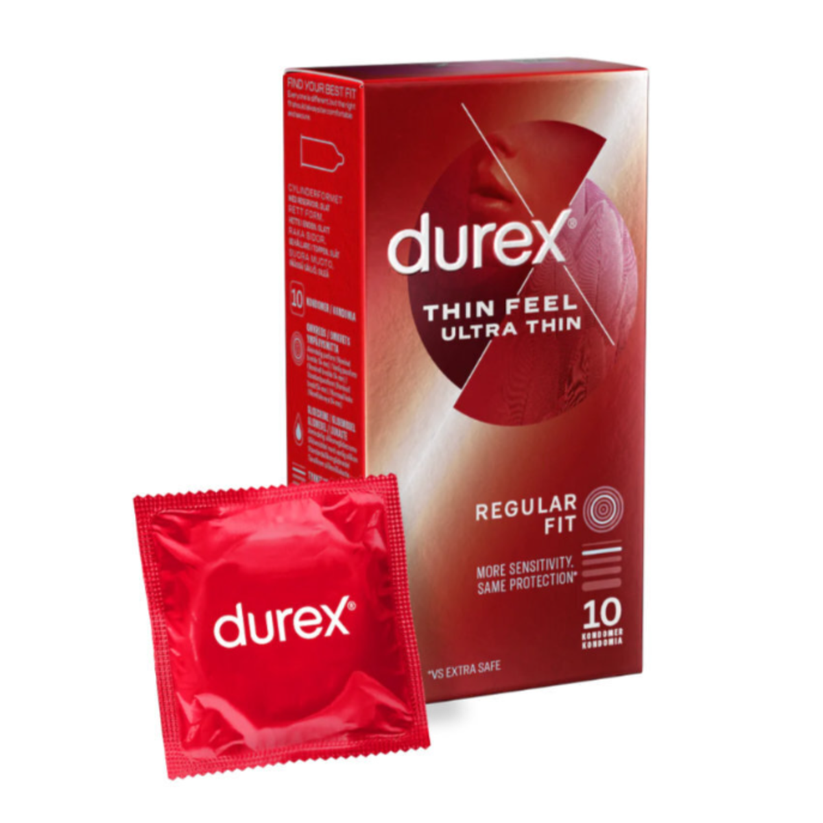An angled image of the red Durex Thin Feel Ultra Thin 10-pack box standing behind a single red foil condom wrapper labeled "durex." The box lists features like "Regular Fit" and "More Sensitivity, Same Protection. Imagen principal del producto