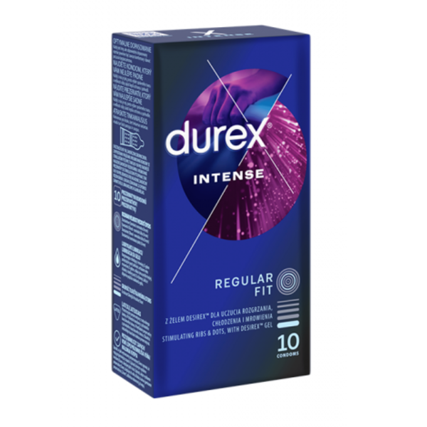 An image of a dark blue Durex Intense condom box. The front and side panels are visible, featuring a circular graphic with a purple-tinted silhouette of hands and pink light trails. The side panel contains technical information in multiple languages. The front text highlights "Regular Fit," "Stimulating Ribs & Dots," and "With Desirex™ Gel." The box contains 10 condoms.