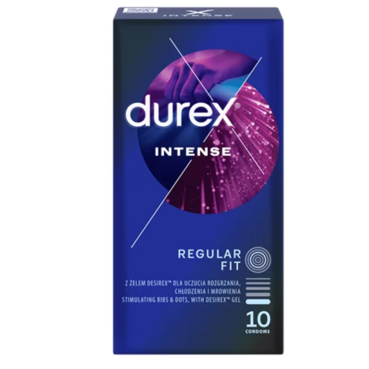A front-facing view of the Durex Intense condom box. The dark blue packaging prominently displays the Durex logo over a stylized circular image. Text at the bottom indicates a "Regular Fit" and mentions that the condoms include "Desirex™ Gel" for warming, cooling, and tingling sensations. It specifies the pack contains 10 condoms.