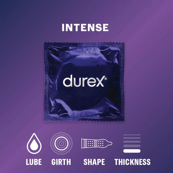 A promotional graphic for Durex Intense on a purple gradient background. It shows a single blue foil condom wrapper in the center. Below the wrapper are four icons: a drop for Lube, concentric circles for Girth, a ribbed and dotted condom silhouette for Shape, and a stacked bar representing Thickness.