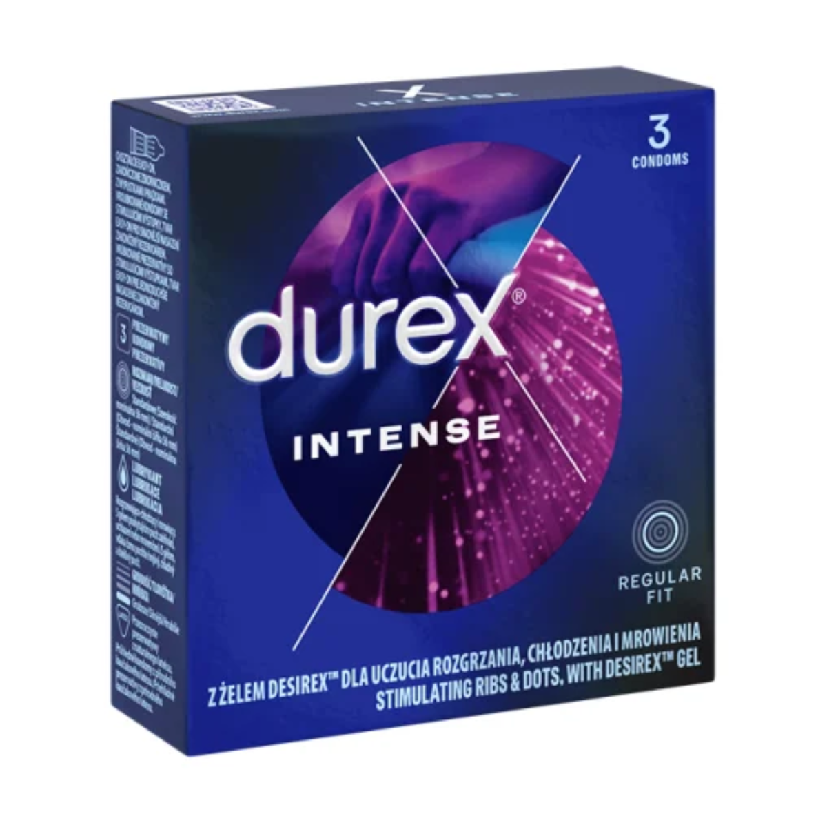 An image of a square dark blue Durex Intense condom box. The front and left side panels are visible, showing technical icons and product details in multiple languages (including Polish and Czech). The box design features a circular graphic with a purple-tinted silhouette of hands and pink light trails, with "Regular Fit" and "3 Condoms" noted on the front.