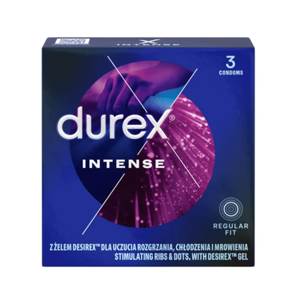 A straight-on front view of the Durex Intense 3-pack box. The dark blue packaging prominently displays the white Durex logo over a stylized purple and pink circular image. Text at the bottom indicates the condoms feature "Stimulating Ribs & Dots, with Desirex™ Gel" for warming, cooling, and tingling sensations. The box is labeled "Regular Fit" and contains 3 condoms.
