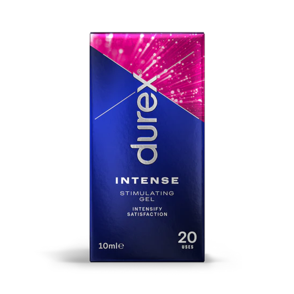 A close-up of the front of the Durex Intense Stimulating Gel box. The box is dark blue and black with a bright pink, sparkling graphic. The text reads: "durex", "INTENSE", "STIMULATING GEL", "INTENSIFY SATISFACTION", "10mle", and "20 USES".