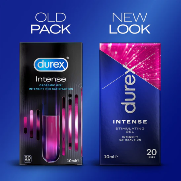 A comparison graphic showing the packaging change for the Durex Intense Gel. On the left is the "OLD PACK. On the right is the "NEW LOOK". Both show "10ml" and "20 USES".