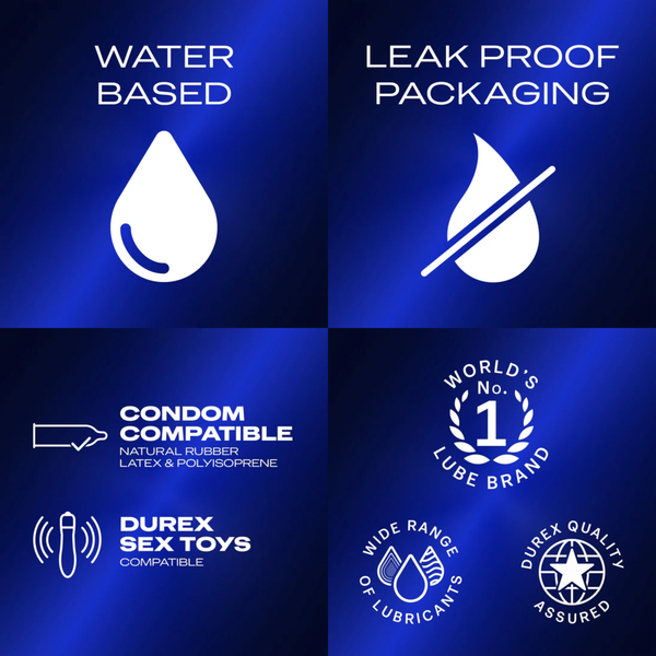A graphic highlighting four key features of the Durex Intense Gel on a dark blue background. The features are illustrated with icons and text: "WATER BASED", "LEAK PROOF PACKAGING", "CONDOM COMPATIBLE", and "WORLD'S No. 1 LUBE BRAND". The bottom also mentions compatibility with "DUREX SEX TOYS" and lists "WIDE RANGE OF LUBRICANTS" and "DUREX Q