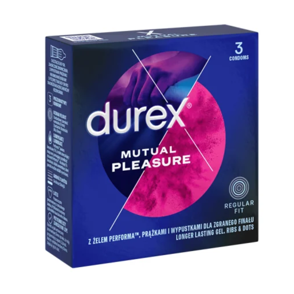 An image of the Durex Mutual Pleasure condom box. The dark blue packaging features a prominent pink and purple circular graphic with a silhouette of hands. The side panel displays technical icons and descriptions in multiple languages, including Polish. Imagen principal del producto