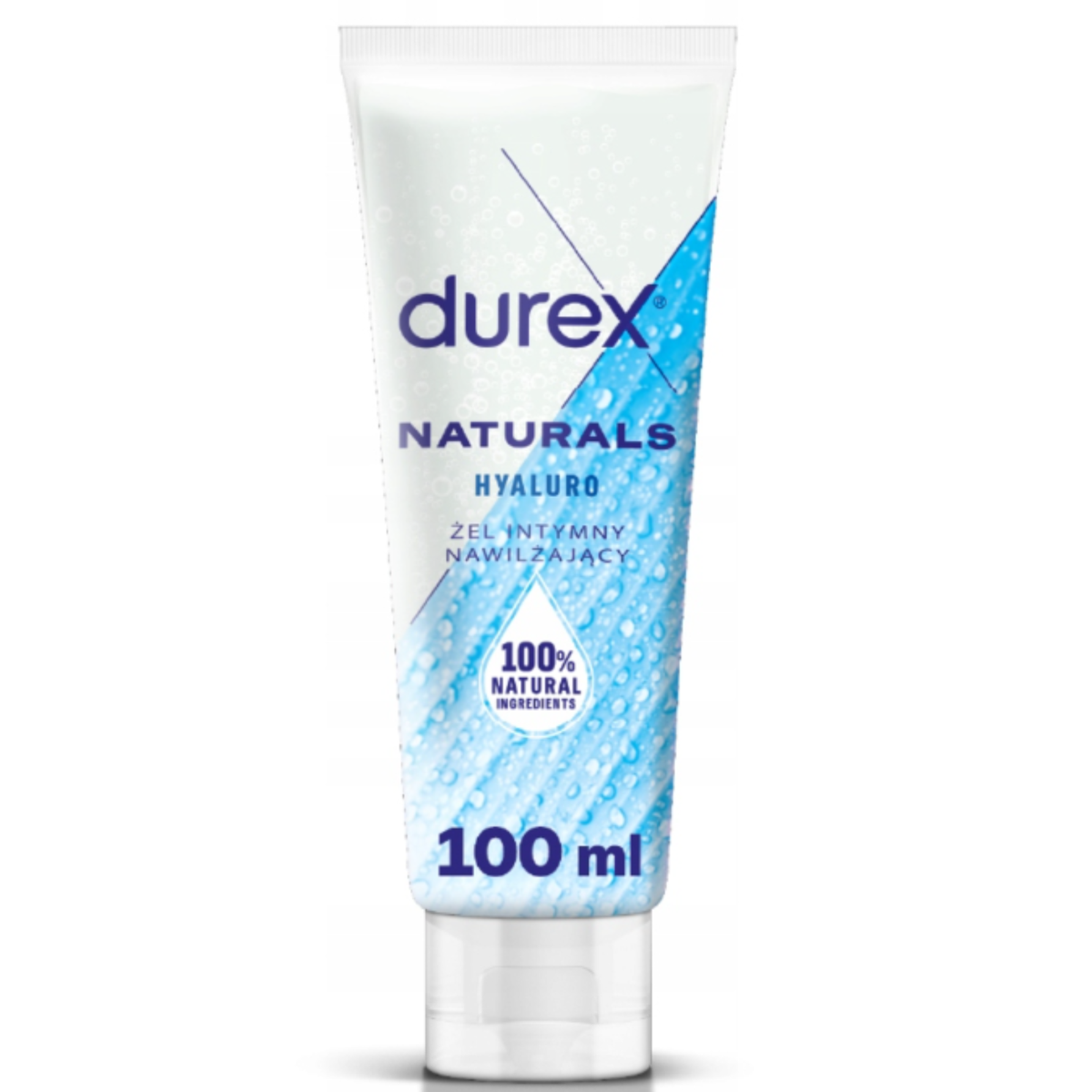 A front-facing image of the Durex Naturals Hyaluro 100ml tube. The packaging is white with a bright blue diagonal leaf graphic covered in water droplets and a '100% Natural Ingredients' seal.