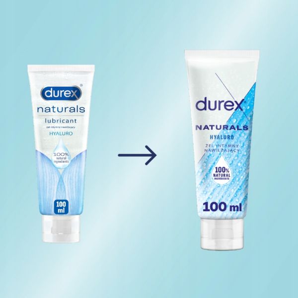 A comparison graphic showing the transition from the 'Old Pack' to the 'New Look' for the Durex Naturals Hyaluro lubricant. An arrow points from the previous design, which featured a centered leaf, to the updated version with a bold, diagonal blue leaf and more prominent 'Naturals' branding.
