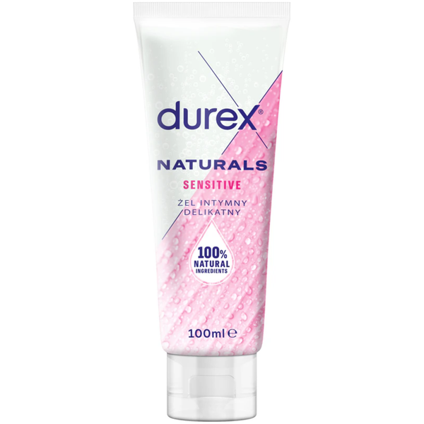An image of a 100ml tube of Durex Naturals Sensitive. The white tube features a vibrant pink diagonal leaf pattern covered in water droplets and a '100% Natural Ingredients' seal.