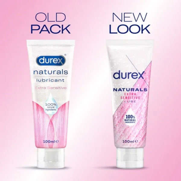 An image showing the evolution of the packaging for Durex Naturals Extra Sensitive. The 'Old Pack' on the left has a centered floral design, while the 'New Look' on the right features a modern, textured pink leaf design and bolder font.