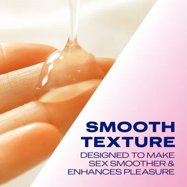 A close-up shot of clear lubricant being drizzled onto a person's fingertips. Text on a pink and white background describes it as a 'Smooth Texture' designed to enhance pleasure.