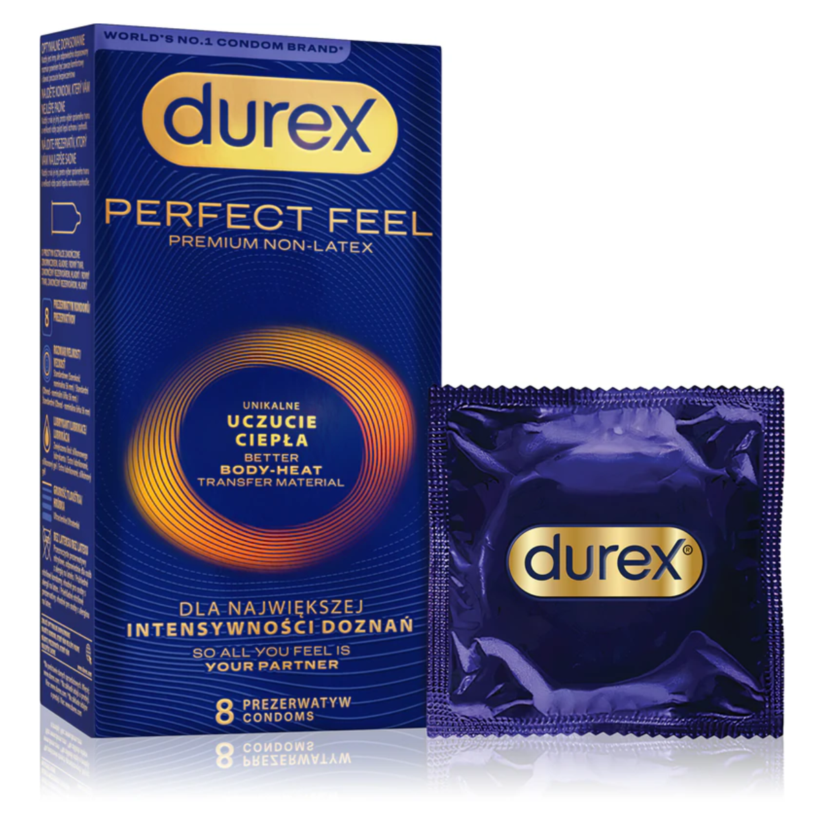 A dark blue Durex Perfect Feel "Premium Non-Latex" condom box standing next to a single purple foil wrapper. The packaging features gold accents and a glowing orange circular ripple design. The text includes the Durex logo in a gold pill shape and Polish phrases like "Unikalne Uczucie Ciepła" (Unique Feeling of Warmth). The bottom indicates it is an 8-pack. Imagen principal del producto