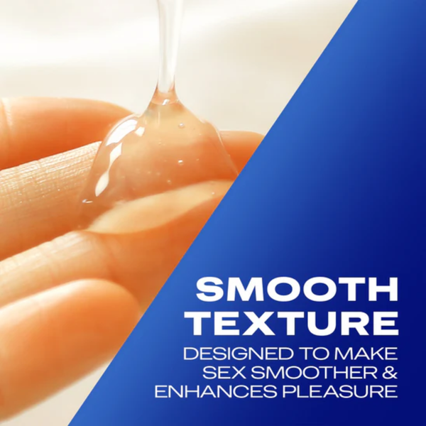 A close-up showing a thick stream of clear lubricant gel dripping onto a person's hand. A diagonal dark blue overlay features the text: "SMOOTH TEXTURE DESIGNED TO MAKE SEX SMOOTHER & ENHANCES PLEASURE."