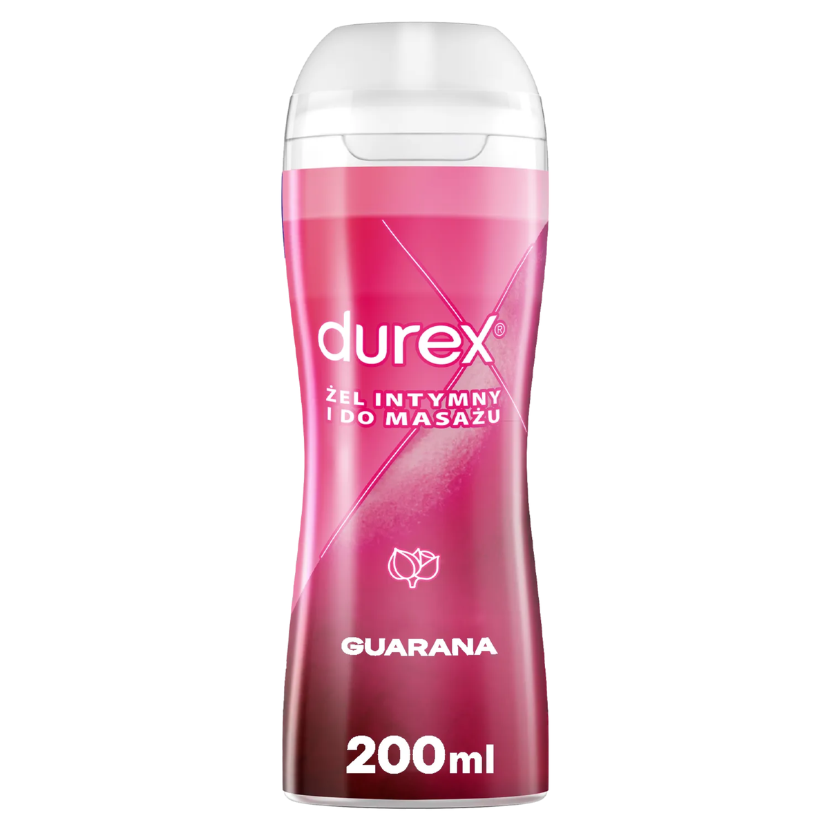 A bottle of Durex stimulating 2-in-1 lube with a Polish label, set against a white background. The bottle is a deep pink/magenta color with a white cap. The label includes the Durex logo, the Polish text "ŻEL INTYMNY I DO MASAŻU" (Intimate Gel and Massage), a guarana leaf icon, the word "GUARANA," and the volume "200ml." Imagen principal del producto