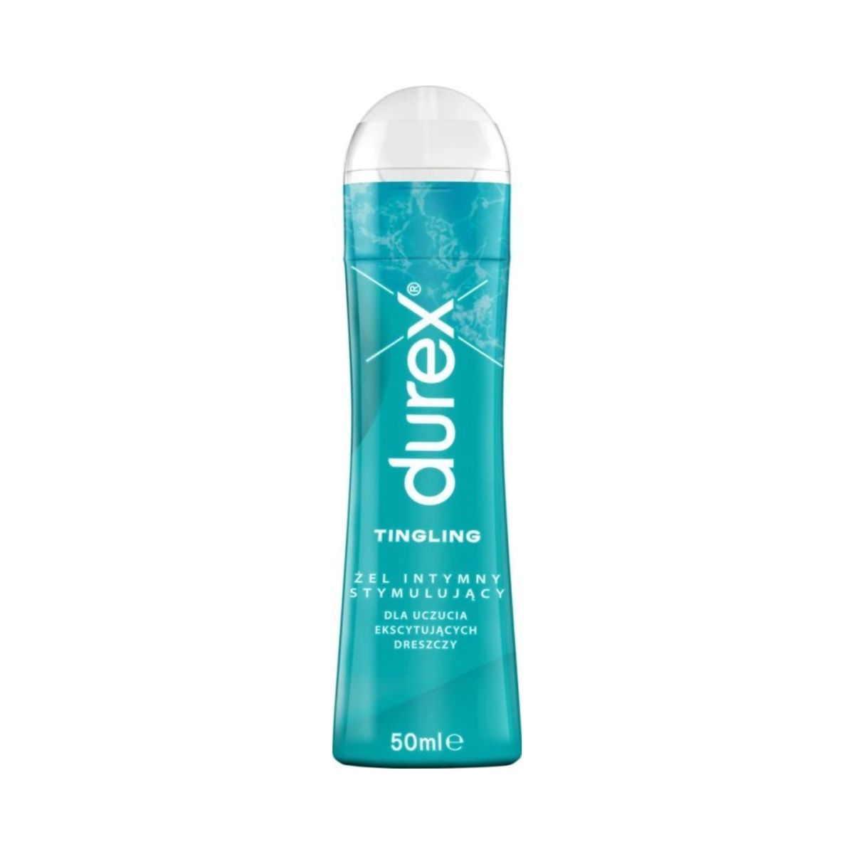 A clear product shot of a blue 50ml Durex Tingle Lube bottle on a white background, featuring the Durex logo and text in English and Polish.