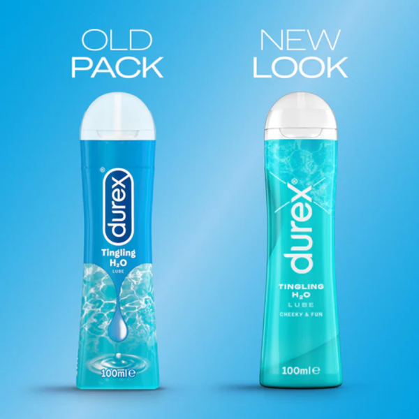 A comparison graphic showing the "OLD PACK" next to the "NEW LOOK" of Durex Play Tingling gel.