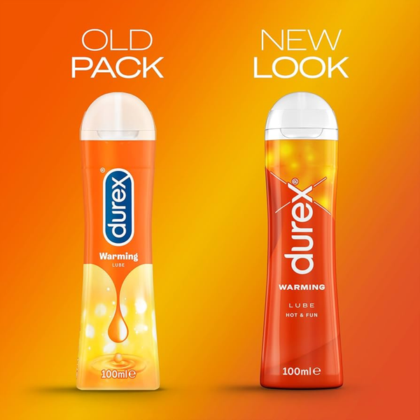 A side-by-side comparison of Durex Warming Lube packaging. The left bottle is labeled "OLD PACK" and the right bottle is labeled "NEW LOOK".