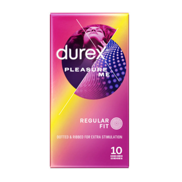 Front view of a pink and purple Durex Pleasure Me condom box (10 count, regular fit, dotted & ribbed)