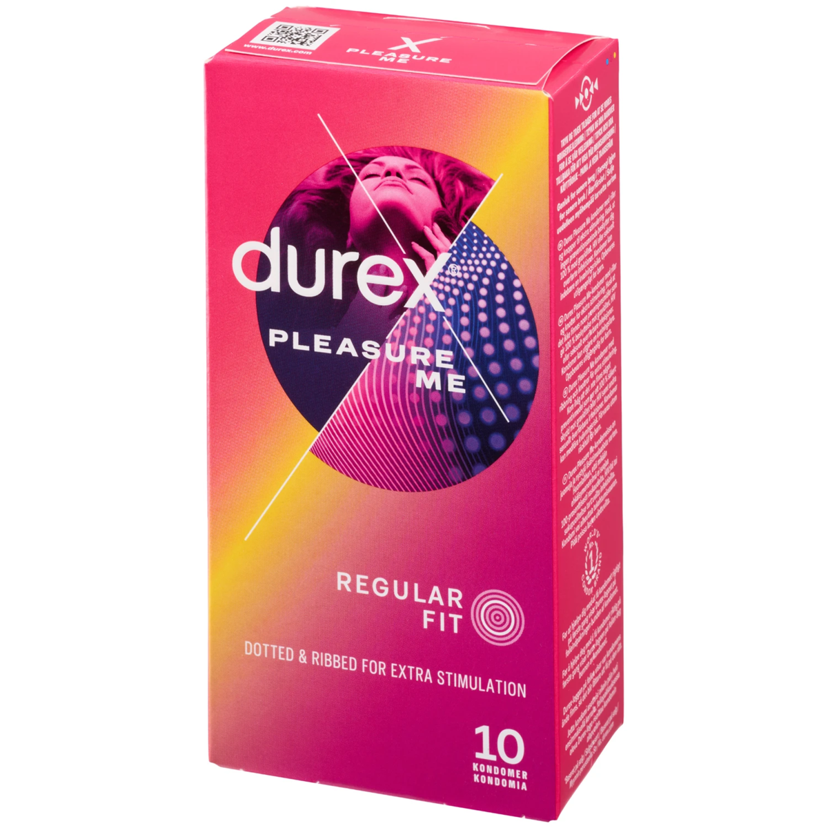 Angled side view of a pink and purple Durex Pleasure Me condom box. Imagen principal del producto