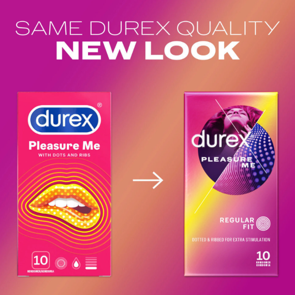 Comparison showing the old (left) and new (right) packaging design for Durex Pleasure Me condoms, labeled "Same Durex quality new look."