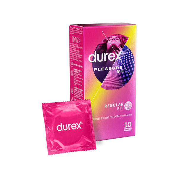 Pink and purple Durex Pleasure Me condom box next to a single pink foil-wrapped condom.