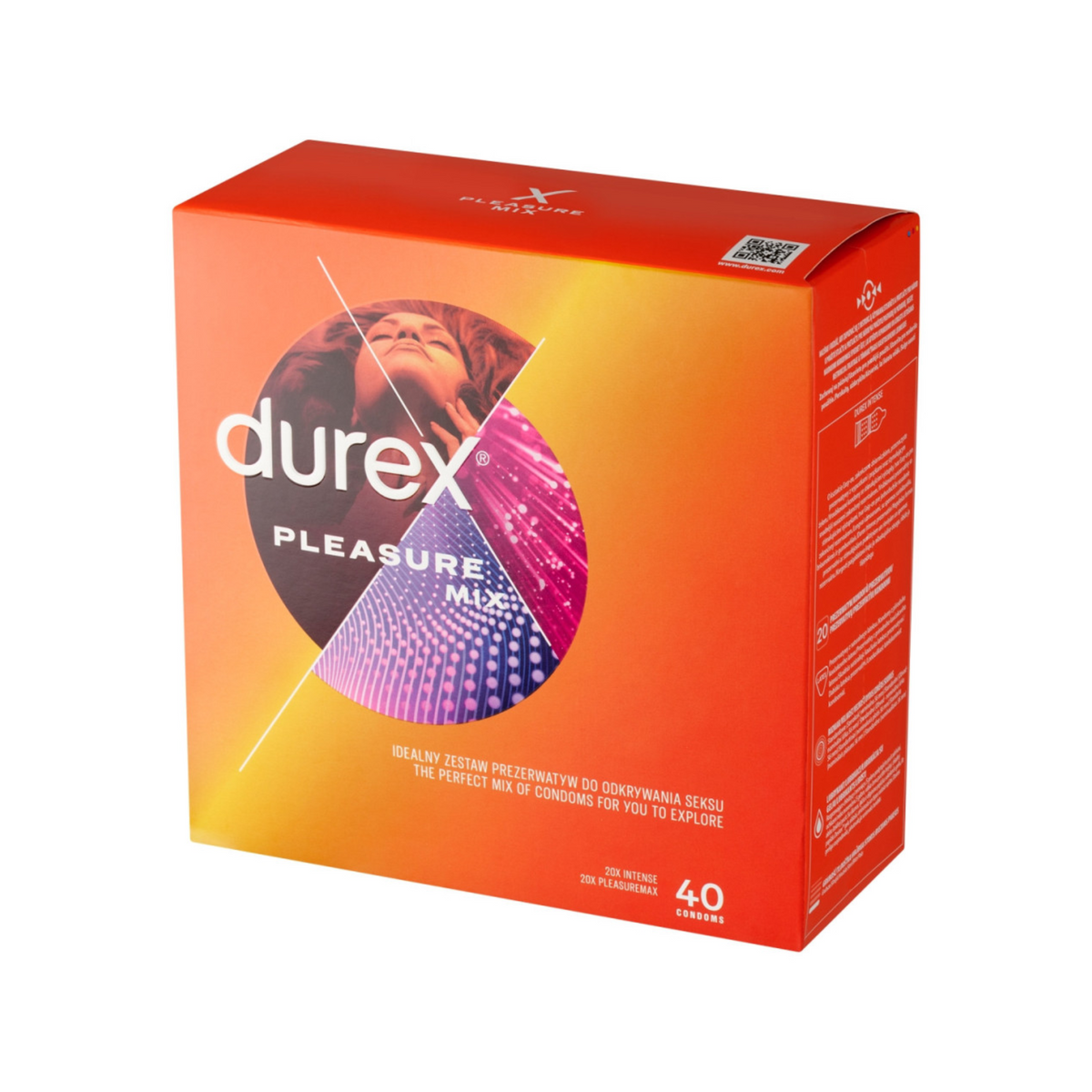 An image of Durex Pleasure Mix condom box against a white background. The box is a gradient orange color. The front features a large "durex" logo in white, with "PLEASURE MIX" underneath it in smaller letters. The bottom right corner of the box is labeled with a white circle indicating "40 Condoms". The side of the box lists "20x INTENSE" and "20x PLEASUREMAX."  Imagen principal del producto