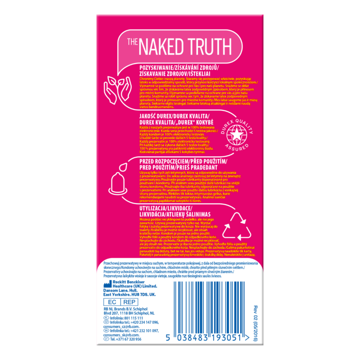 Back of the Durex Pleasuremax condom box with information on sourcing, quality, use, disposal, and manufacturer details.