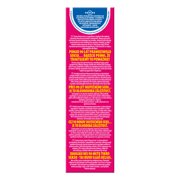 Side of the Durex Pleasuremax condom box with multilingual text providing product details and Durex's history of protection.