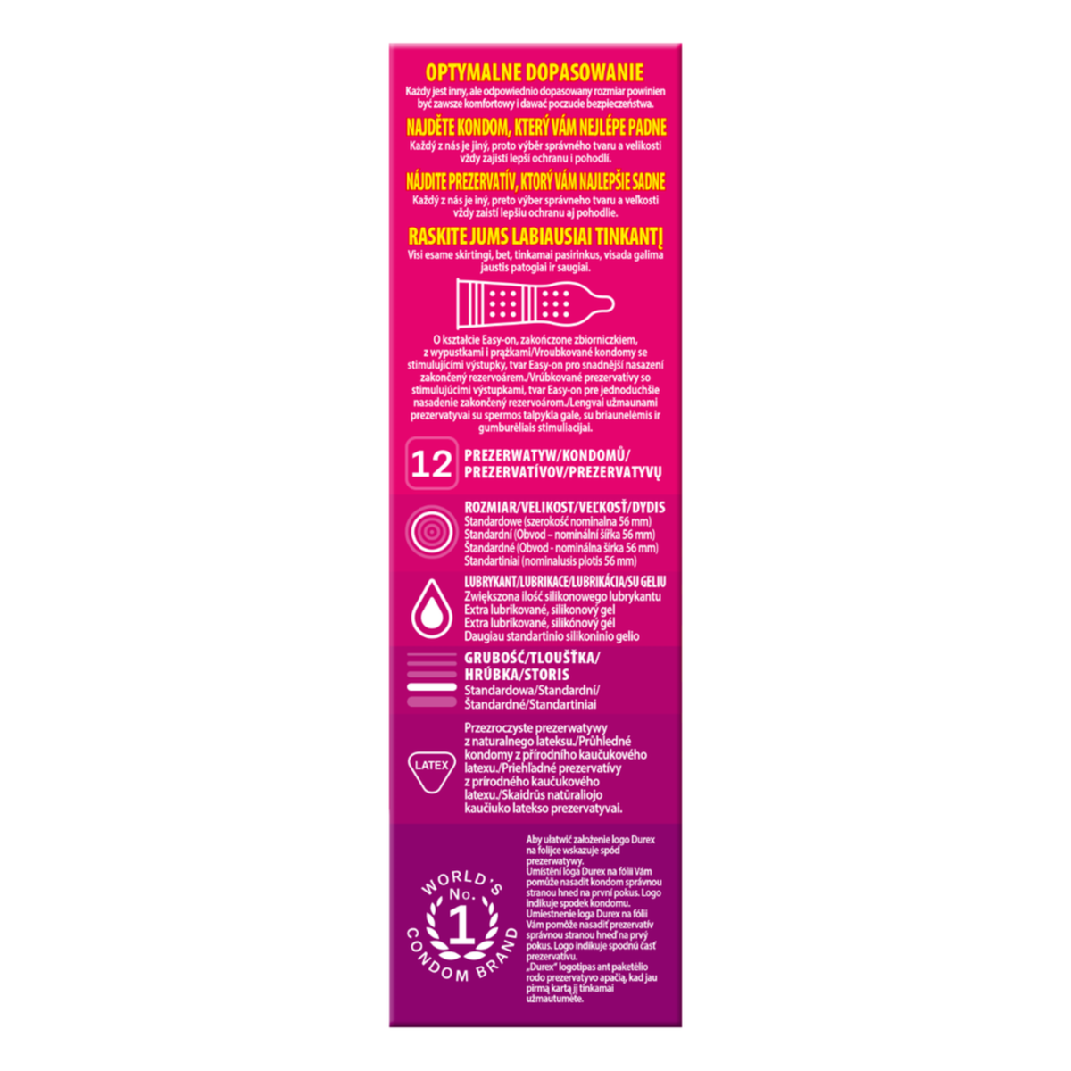 Side of the Durex Pleasuremax condom box detailing size (56mm nominal width), lubricant, material (latex), and 'Easy-On' shape. World's No. 1 condom brand logo is at the bottom.