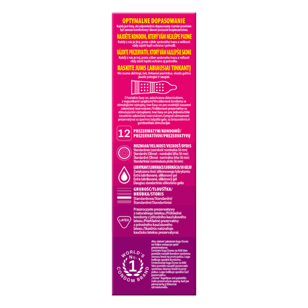 Side of the Durex Pleasuremax condom box detailing size (56mm nominal width), lubricant, material (latex), and 'Easy-On' shape. World's No. 1 condom brand logo is at the bottom.