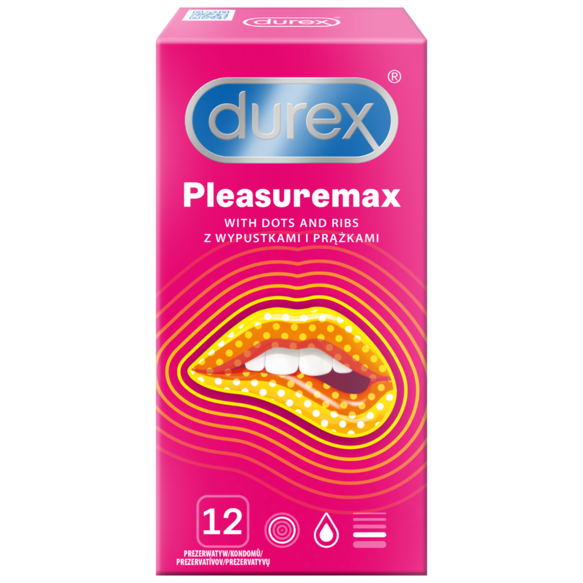 Front of a pink Durex Pleasuremax condom box for 12, labeled 'With dots and ribs,' showing a graphic of lips.