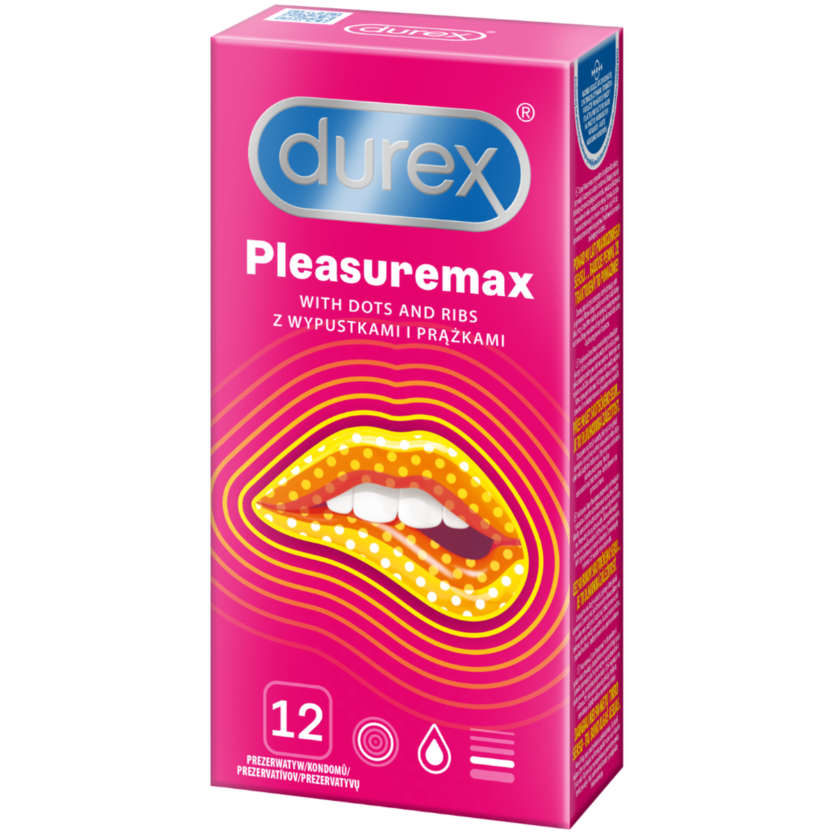 Angled image of a pink Durex Pleasuremax condom box for 12, labeled 'With dots and ribs,' showing a graphic of lips. Imagen principal del producto