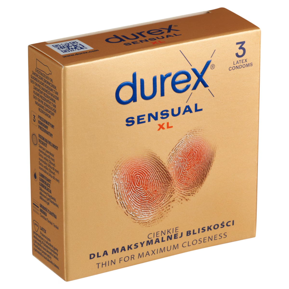 A close-up, angled shot of a gold-colored rectangular box of Durex Sensual XL condoms. The front of the box features the Durex logo in blue and the words "SENSUAL XL" in blue and red. Two stylized, orange-tinted fingerprint patterns overlap in the center.  Imagen principal del producto