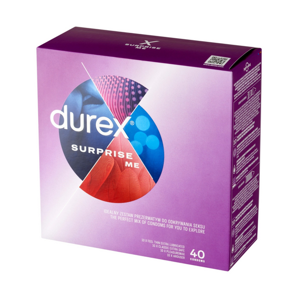 A Durex Surprise Me condom box is shown in the white background. The box is purple with the word "durex" at the top, and "SURPRISE ME". At the bottom of the box, text reads, "The perfect mix of condoms for you to explore," and lists four types of condoms.