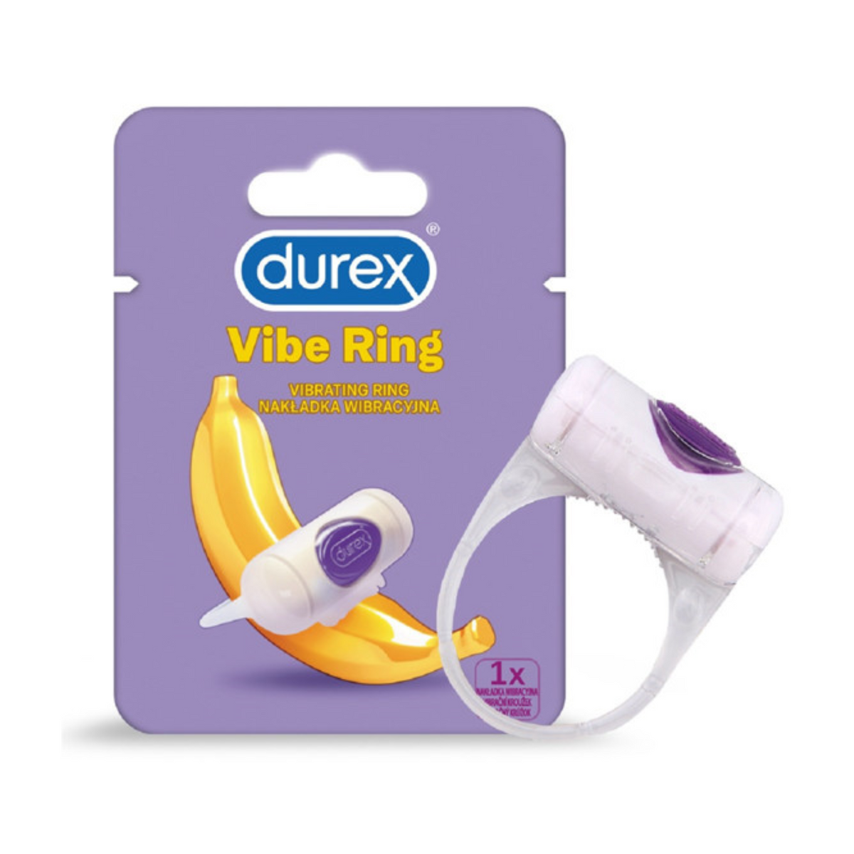 A Durex Vibe Ring product package is shown next to the actual product. The purple package features a cartoon banana with the product on it. Next to the packaging is the Durex Vibe Ring, a white ring with a rounded, vibrating head. Imagen principal del producto