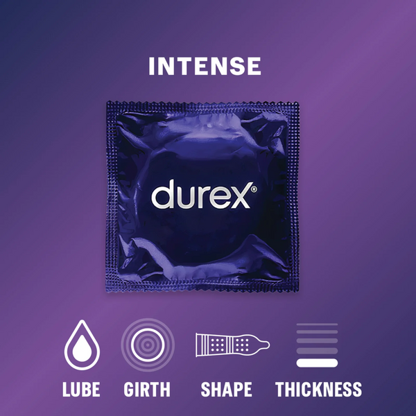 A promotional graphic for Durex Intense on a purple gradient background. It shows a single blue foil condom wrapper in the center. Below the wrapper are four icons: a drop for Lube, concentric circles for Girth, a ribbed and dotted condom silhouette for Shape, and a stacked bar representing Thickness.